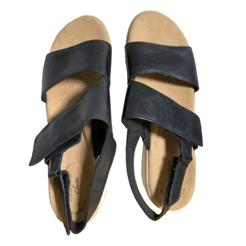 Clarks‎ Wedge Sandals Womens 10M Pre-Owned Slingback Black Leather Ergonomic